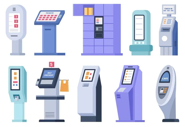 Flache Selbstbestellterminals und Kioske mit Touchscreen-Display. Digitale interaktive Servicetafel für Fahrkarten, Geldautomaten und Kassen — Stockvektor