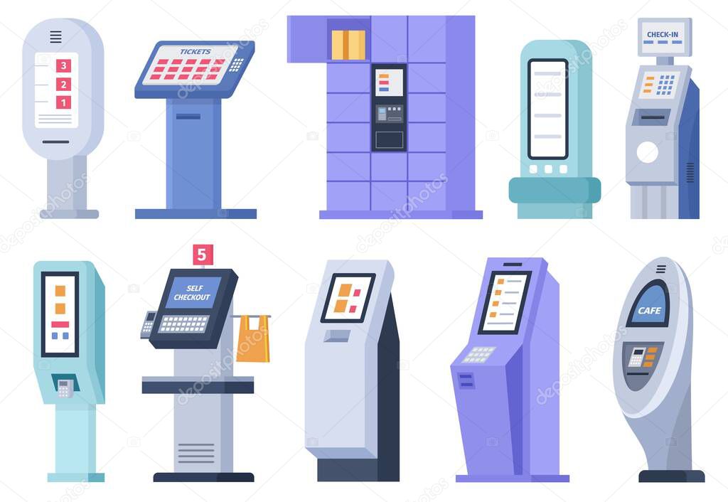 Flat self order terminals and kiosks with touchscreen display. Digital interactive service board for tickets, atm and checkout vector set