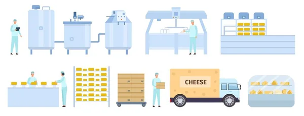 Fábrica de fabricación de queso plano con trabajadores. Línea de etapas del proceso de forma de productos lácteos. Queso que hace la maquinaria vector infografía — Archivo Imágenes Vectoriales