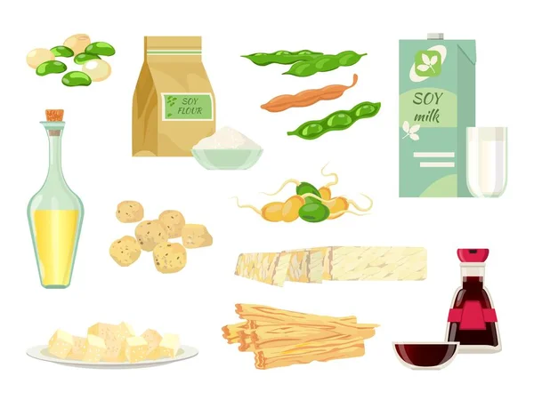 Comida de soja de dibujos animados, frijoles, aceite, leche, salsa y tofu. Brotes verdes saludables, vainas, carne de soja, harina y tempeh. Vegano soja productos vector conjunto — Archivo Imágenes Vectoriales