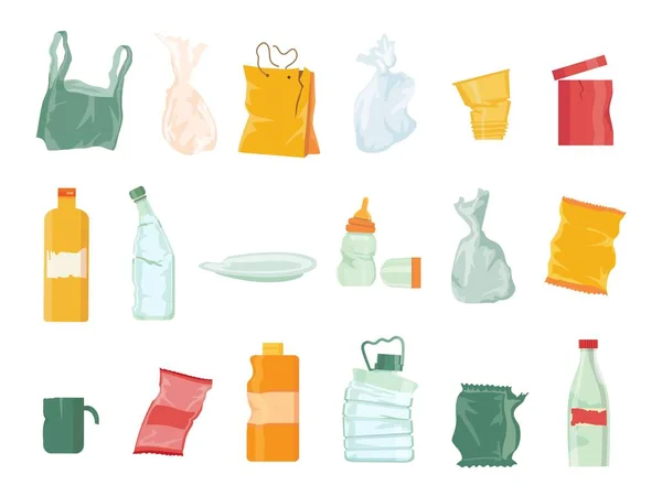 Plastové odpadky, sáčky, láhve, jednorázové stolní nádobí a obaly. Třídění odpadu a recyklace plastového odpadu. Sada vektorů koše karikatury — Stockový vektor