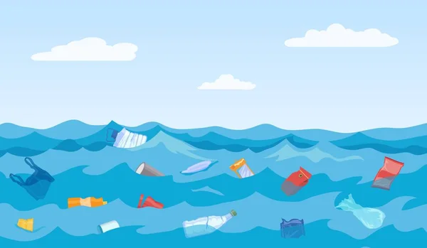 Plastik atık şişeleri ve poşetlerle kirletilmiş okyanus suyu. Yüzen çöplerle deniz çevresi kirliliği. Ekolojik kriz vektörü kavramı — Stok Vektör