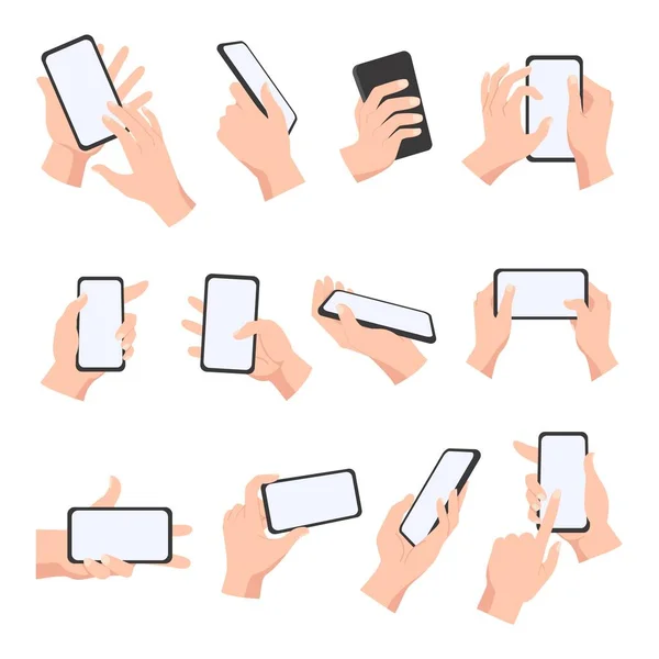 Cartoon female or male hands hold smartphones with empty screens. Phone concept for mobile apps, video, social network and games vector set — Stock Vector