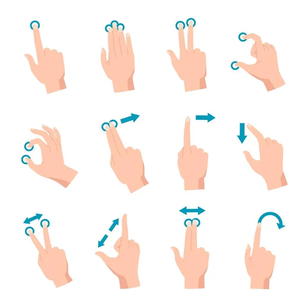 Hand gestures for smartphone, tablet ot laptop interactive touchscreen. Finger swipe, touch, zoom, drag and rotate phone screen vector set — Stock Vector