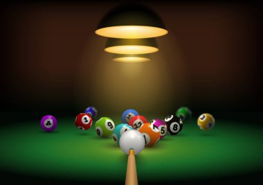 Bilardo arka planında gerçek oyun toplarına vur işareti var. Yeşil masalı ve ışıklı bilardo odası. Bilardo ya da bilardo sporu vektör pankartı