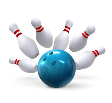 Gerçekçi bovling topu yere düşen lobutlara çarptı. Bowling maçı spor müsabakası. 3D bowling hedefi, hareket vektörü konseptini kazanmak