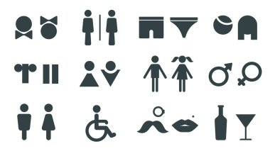 Erkekler ve kadınlar için WC sembolleri, engelli insan tuvalet simgesi. Dudak ve bıyık vektörlü banyo işareti dizaynı.