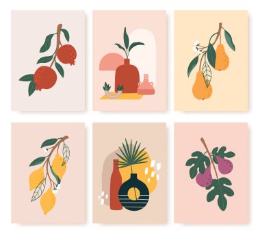 Soyut meyve posteri, yeşil dallı afiş