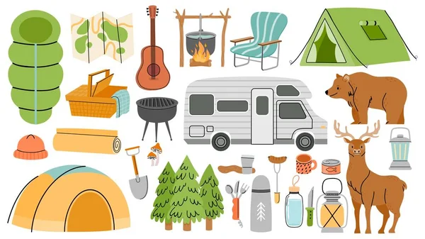 Vandringslägerutrustning, sovsäck, grill och tält. Tecknad natur skog eller berg utforska resor. Turistäventyr vektor set — Stock vektor