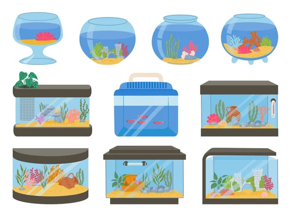 Acuario de vidrio vacío de dibujos animados con decoraciones, arena y plantas. Cuencos de pescado cuadrados y esfera y contenedor. Inicio acuarios vector conjunto — Vector de stock