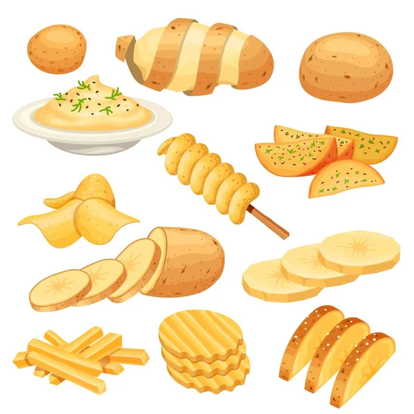Hidangan kentang, makanan, hiasan, makanan jalanan dan makanan ringan. Kentang goreng, kentang goreng dan kentang tumbuk, keripik. Cartoon sliced potato product vector set - Stok Vektor