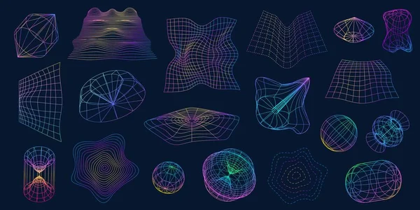 Retrofuturisztikus wireframe formák, 3D-s gömb és torz perspektíva rácsok. Vonalháló geometriai objektumok. Cyber futurisztikus alakvektor készlet — Stock Vector