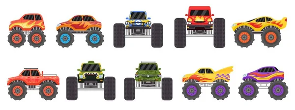 Los camiones monstruo de dibujos animados diseñan vista lateral y frontal. Coches de carreras todo terreno con ruedas grandes y fuego. Juegos de vectores de vehículos pesados de deporte extremo — Vector de stock