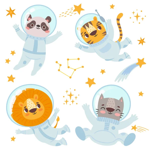 Tiere Astronauten, Panda und Löwe, Katze und Tiger — Stockvektor
