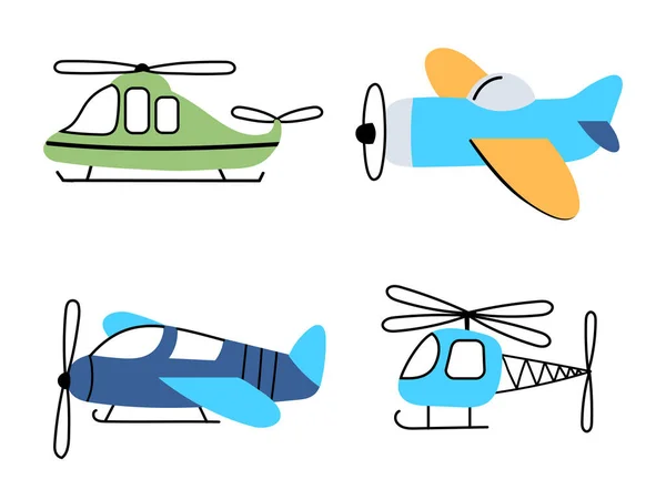 Vliegtuigen en helikopters verzamelen in kinderachtige stijl — Stockvector