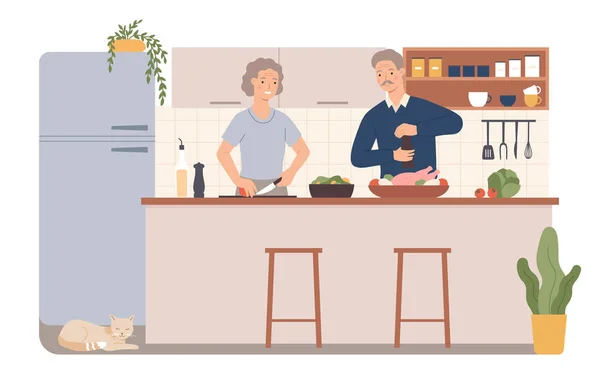 Mensen die thuis koken, samen ontbijten — Stockvector