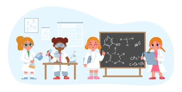 Schulkinder im naturwissenschaftlichen Labor, Unterricht für Vorschulkinder — Stockvektor