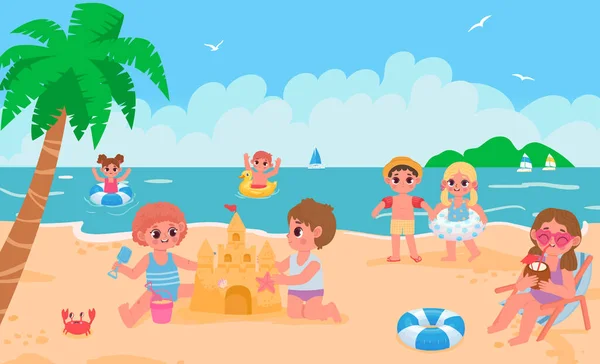 Letni krajobraz plaży z dziećmi bawiącymi się zabawkami — Wektor stockowy