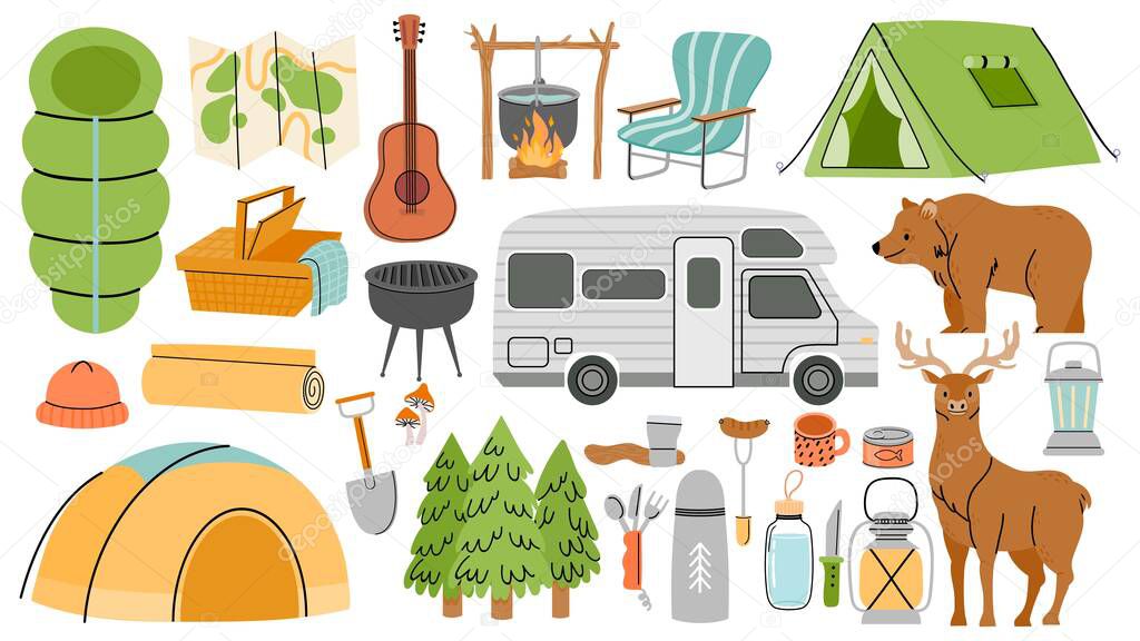 Hiking camp equipment, sleeping bag, barbeque and tents. Cartoon nature forest or mountain exploring travel. Tourist adventure vector set
