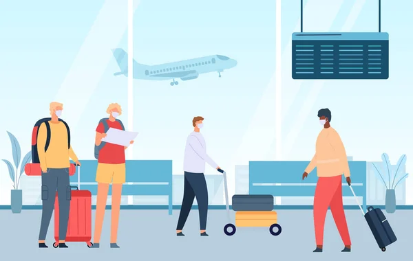 Mensen op het vliegveld. Cartoon passagiers met bagage wachten op vertrek in de lounge met stoelen. Koppel met koffer — Stockvector