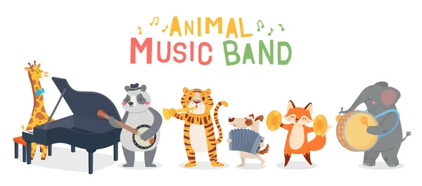 Músicos animais personagens tocando diferentes instrumentos musicais. Banda de jazz a tocar melodia. Girafa tocando piano —  Vetores de Stock