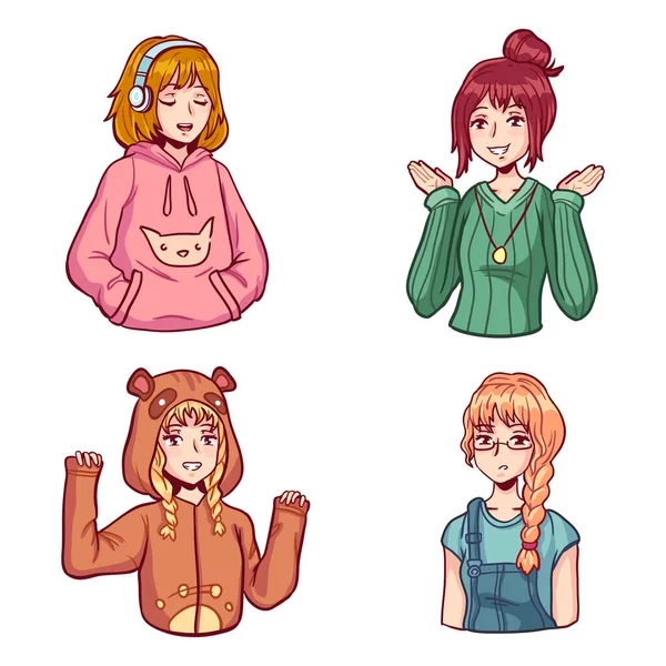 Kit de personajes de chicas anime. Diferentes manga mujeres adolescentes en ropa casual lindo en estilo japonés — Vector de stock