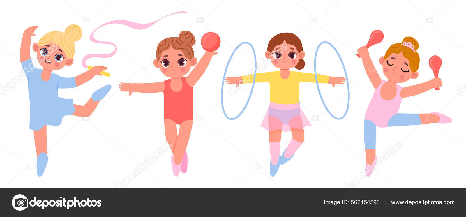 Dessin animé petites filles de gymnaste. Enfants faisant de l'exercice avec  cerceau, ballon et clubs. Enfants mignons ayant des entraînements  rythmiques de gymnase Vecteur par ©tartila.stock.gmail.com 562154590