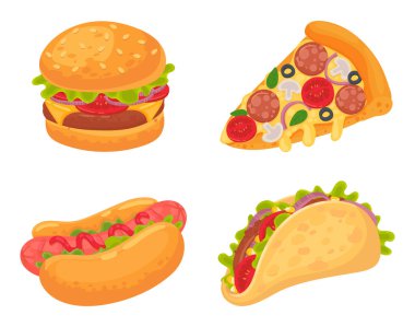 Çizgi film fast food yemeği. Salamlı pizza, mantar ve domates, ızgara et ve sebzeli burger.
