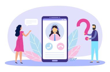 Müşteri desteği. Çizgi filmdeki kadın ve adam soru soruyor ve kişisel asistanımla sohbet ediyor.