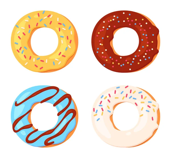 Donuts de desenhos animados com cobertura colorida. Donuts com sabor diferente cobertura com polvilhas. Sobremesa doce vitrificada — Vetor de Stock