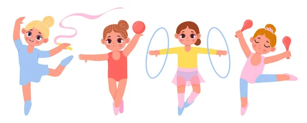Çizgi filmdeki küçük jimnastikçi kızlar. Çocuklar çember, top ve sopalarla egzersiz yapıyor. Hoş çocuklar ritmik spor yapıyorlar. — Stok Vektör