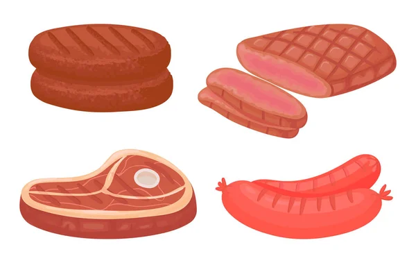 Carne de dibujos animados. Ingredientes de producto crudo como empanada, bistec y salchichas para carnicería. Carne ecológica — Vector de stock