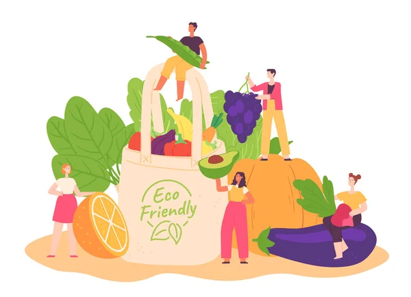 Sağlıklı yiyeceklerle dolu bir çevre çantası. Taze ve organik sebze ve meyve içeren çevre dostu market paketi. Küçük insanlar. — Stok Vektör