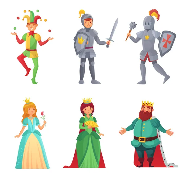 Fairytale characters. Historical medieval people, king and queen, princess and knight, jester. Woman and man of middle age — Stock Vector
