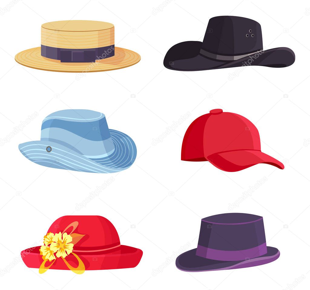 Cartoon headwear. Beach straw hat, fedora, baseball cap. Different colorful headgears for man and woman