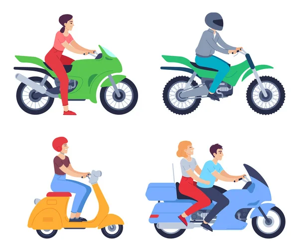Motosiklet sürücüleri. Motosikletli ve kasklı insanlar. Motosikletle seyahat eden kadın ve erkek karakterler — Stok Vektör