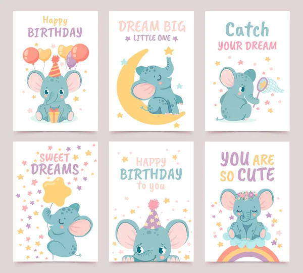 Nursery elephant posters. Cute animals celebrating birthday with gift box and balloons, sitting on moon, catching stars — Stock Vector