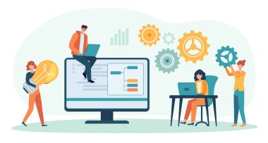 Takım halinde çalışan iş adamları. İşbirliği yapan ofis çalışanları, fikir üreten kadın, dizüstü bilgisayarda çalışan erkek.
