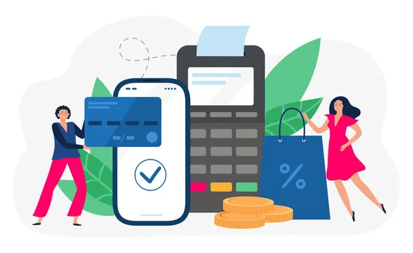 Online betaling. Draadloos winkelen via smartphone, beveiligde transacties via internet. Aankopen doen via mobiel bankieren — Stockvector
