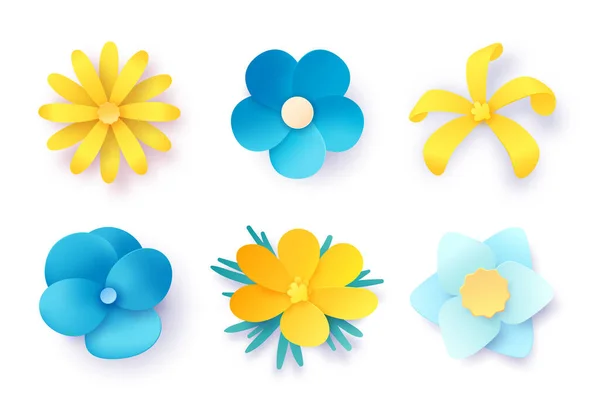 Bouquets de arte de papel. Flores azuis e amarelas selvagens. 3d bela decoração origami floral. Flor brilhante e pastel —  Vetores de Stock