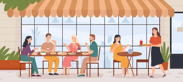 Άνθρωποι σε υπαίθρια καφετέρια. Άνδρας και γυναίκα κάθονται σε τραπέζια στο δρόμο της πόλης ενάντια σε προσόψεις κτιρίων. Χαρακτήρες που τρώνε πίτσα — Διανυσματικό Αρχείο