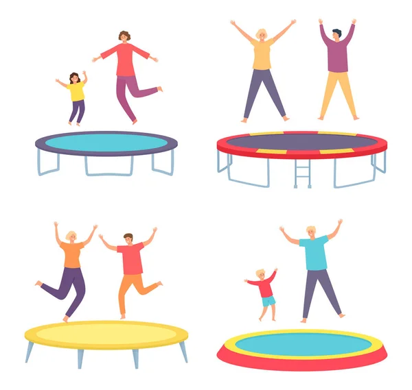 Orang-orang melompat pada trampolin. Anak muda dan wanita dan anak-anak bersenang-senang dan memantul. Orangtua dan anak memimpin gaya hidup aktif - Stok Vektor