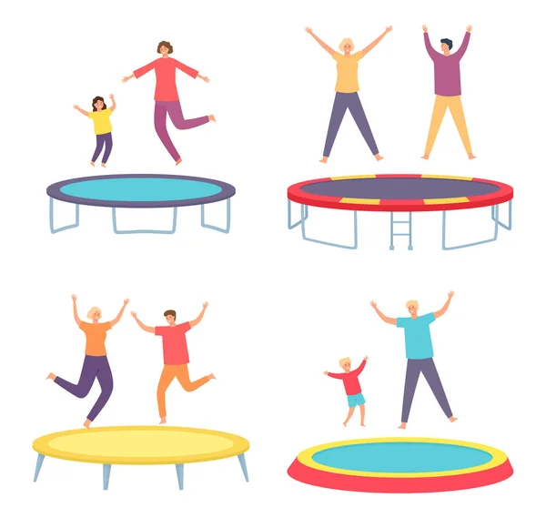 La gente salta al trampolín. Joven hombre y mujer y niños divirtiéndose y rebotando. Padres y niños que llevan un estilo de vida activo — Vector de stock