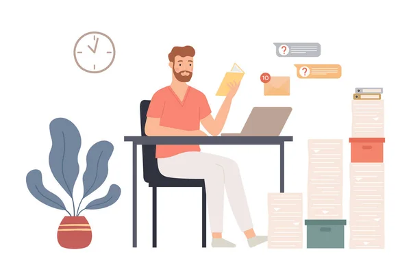 Procrastination koncept. Muž, který sedí na pracovišti a čte si. Neproduktivní pracovník odkládá papírování — Stockový vektor