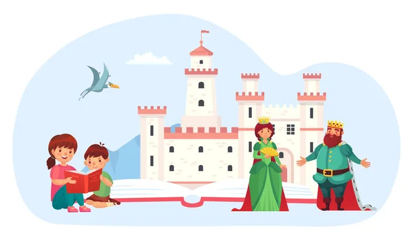 小孩在看书。孩子们和中世纪的王国、女王和国王一起读童话。人们想象城堡 — 图库矢量图片