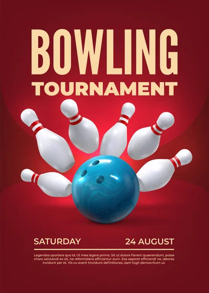 Tournoi de bowling. Éléments réalistes du tournoi sportif 3D avec skittles et boule de bowling. Modèle d'affiche vectorielle — Image vectorielle