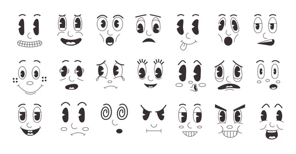 Faccine retrò cartone animato. Doodle clip art emozioni divertenti, vecchia collezione viso mascotte con sorriso comico. Set vettoriale — Vettoriale Stock