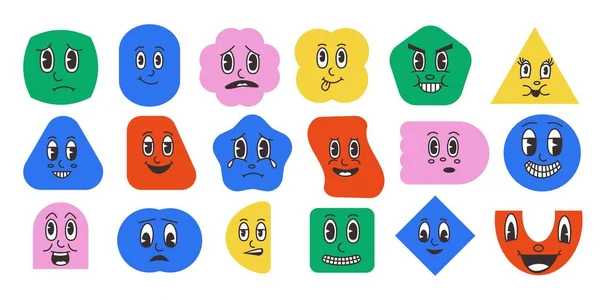 Abstrakte Formen mit Gesichtern. Comic-Clip-Art-Maskottchen mit lustigen Retro-Smiley-Gesichtern. Vektorkomische Formen — Stockvektor