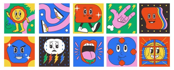 Psychedelische Cartoon-Formen. Abstrakte Comicfiguren und Formen mit Vintage-Clip-Art-Gesichtern. Vector Quadratische Banner gesetzt — Stockvektor