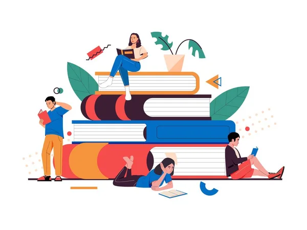 Studenten met boeken. Cartoon jongeren lezen boeken en studie, zelfonderwijs concept — Stockvector